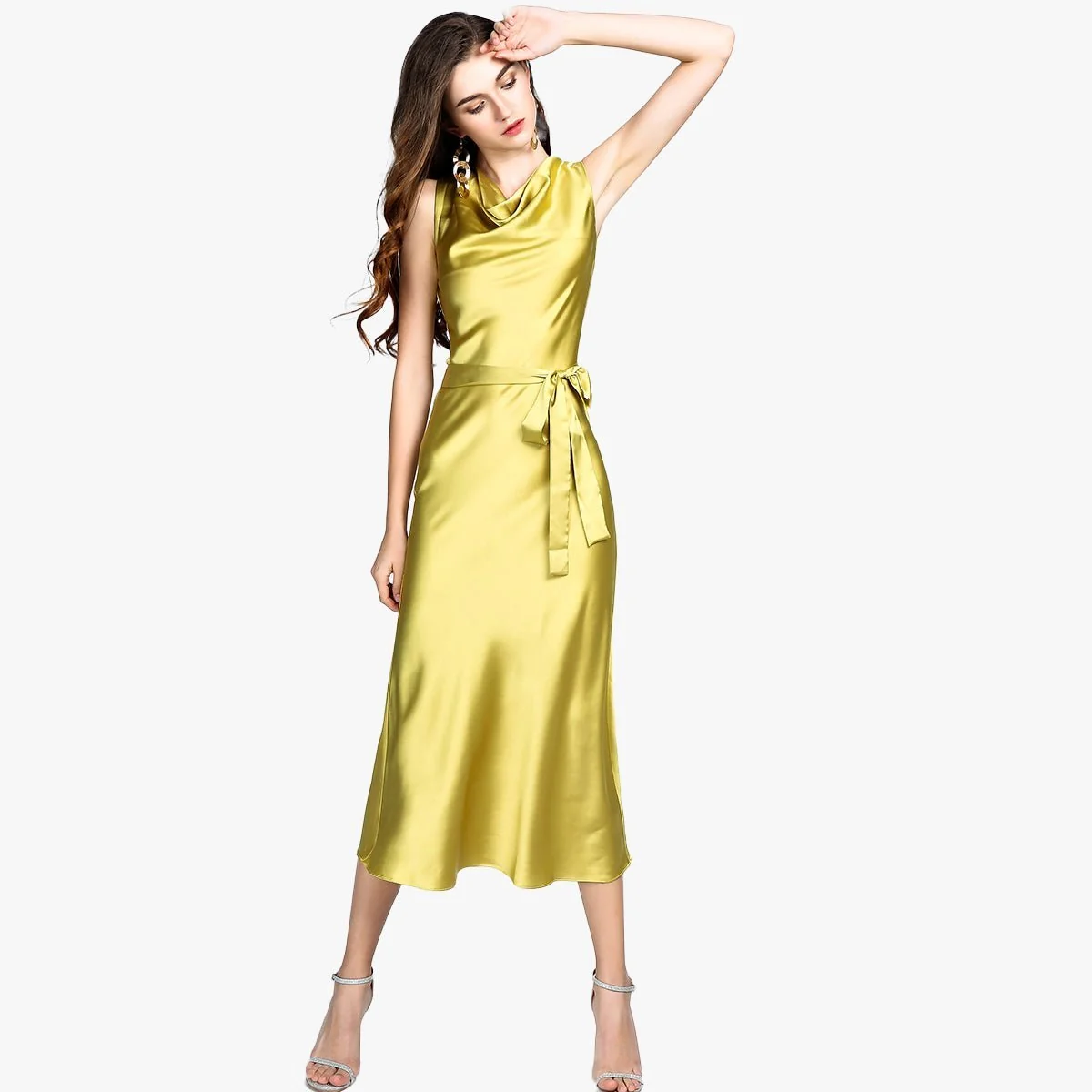 Vestido de seda sin mangas para mujer, vestido midi de seda con cuello vuelto, vestidos de invitados de boda - Imagen 9
