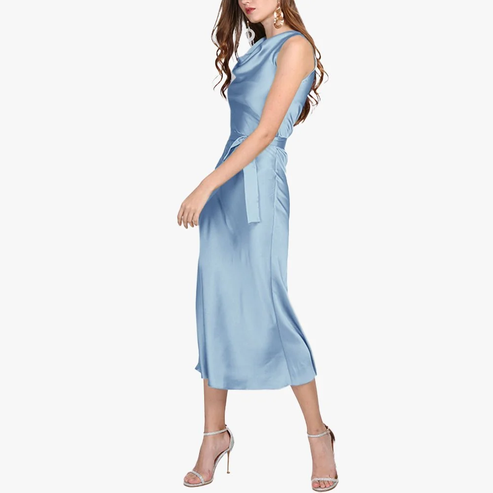 Vestido de seda sin mangas para mujer, vestido midi de seda con cuello vuelto, vestidos de invitados de boda - Imagen 3
