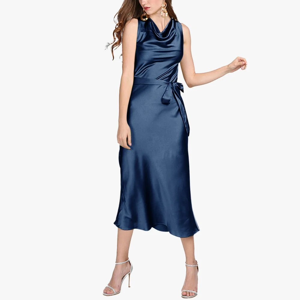 Vestido de seda sin mangas para mujer, vestido midi de seda con cuello vuelto, vestidos de invitados de boda - Imagen 5