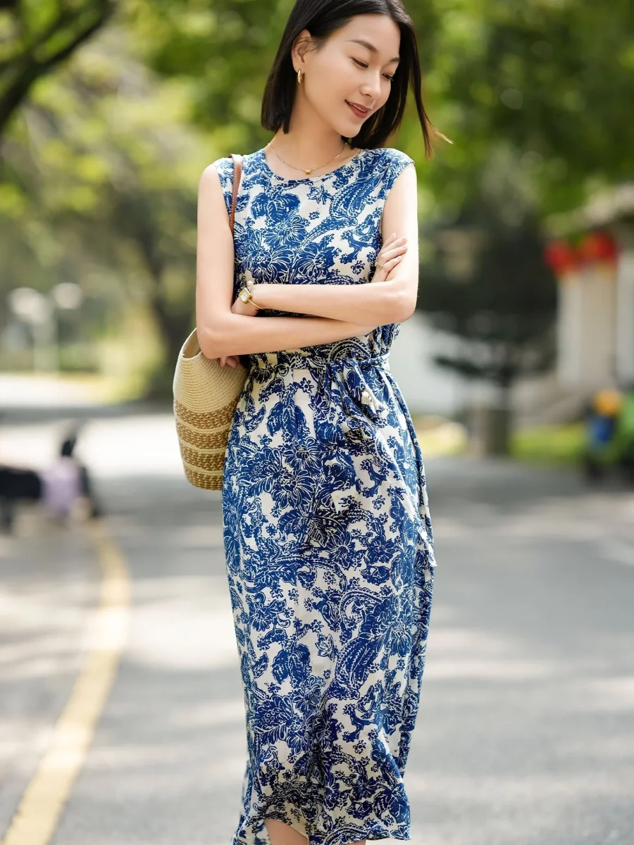 Vestido midi de seda con estampado Toile para mujer Vestido de seda sin mangas con cinturón - Imagen 4