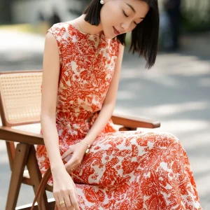 Vestido midi de seda con estampado Toile para mujer Vestido de seda sin mangas con cinturón