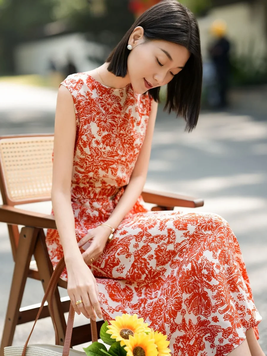 Vestido midi de seda con estampado Toile para mujer Vestido de seda sin mangas con cinturón