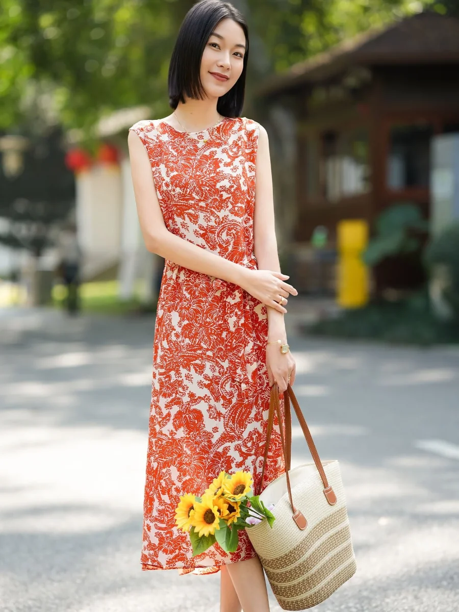 Vestido midi de seda con estampado Toile para mujer Vestido de seda sin mangas con cinturón - Imagen 3