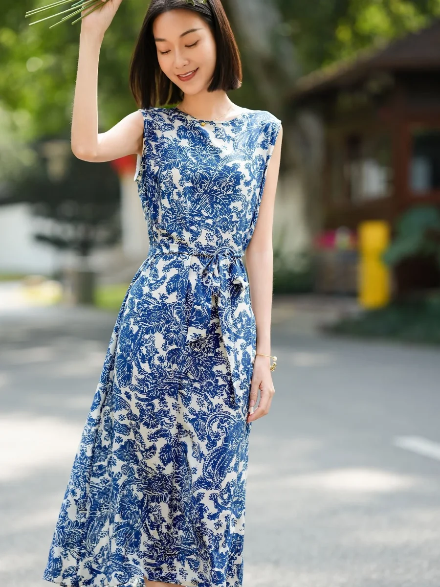 Vestido midi de seda con estampado Toile para mujer Vestido de seda sin mangas con cinturón - Imagen 5