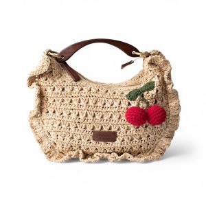 Twinset bolso croissant de rafia de ganchillo con cerezas color paja
