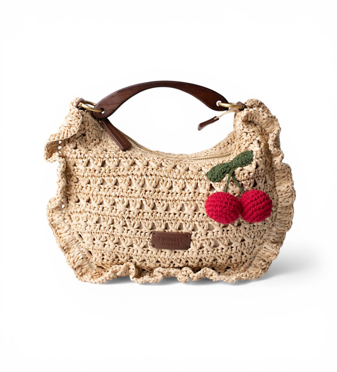 Twinset bolso croissant de rafia de ganchillo con cerezas color paja