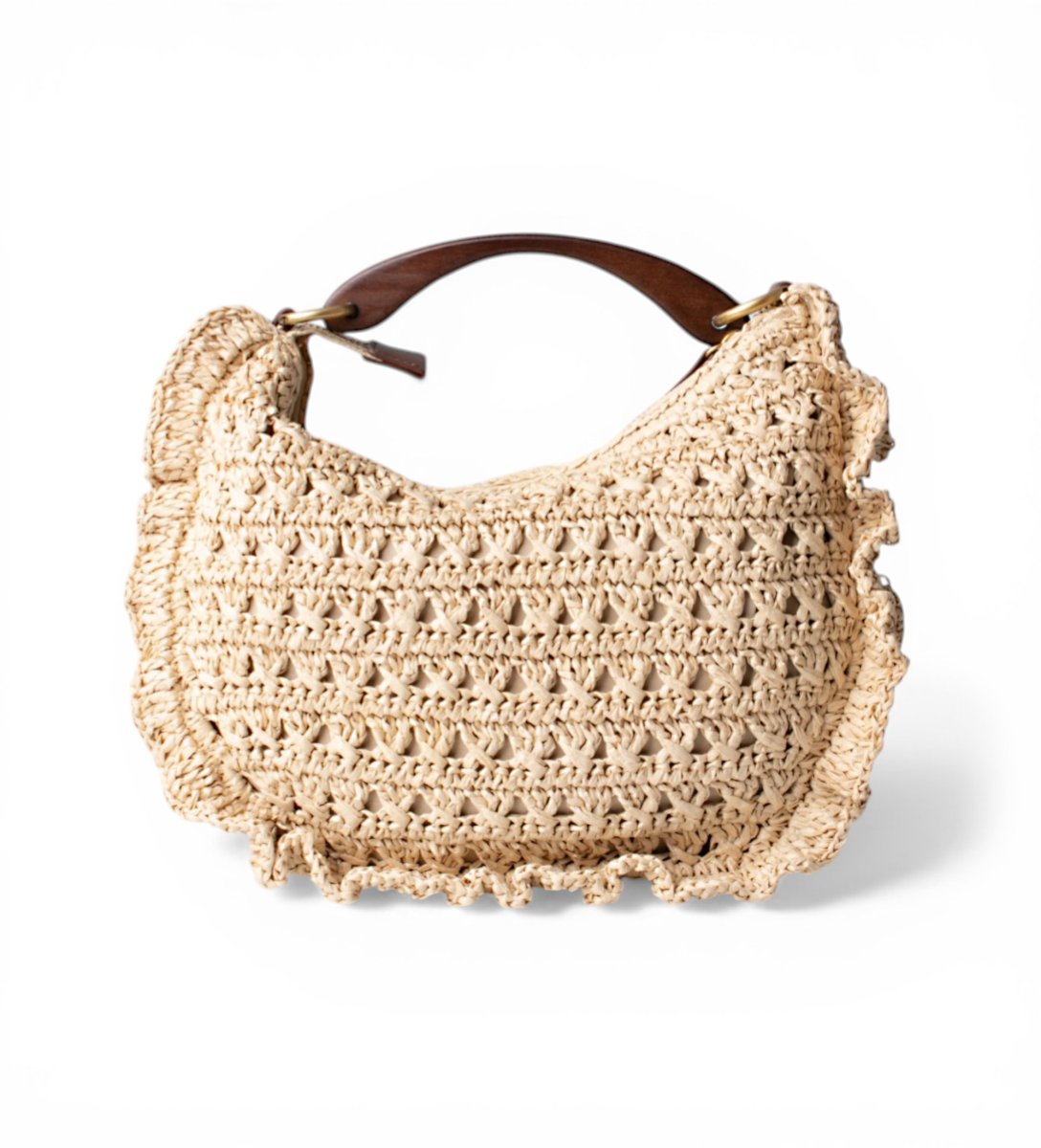 Twinset bolso croissant de rafia de ganchillo con cerezas color paja - Imagen 3