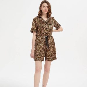 Set de pantalones cortos de pijama de seda estampados de leopardo de dos piezas