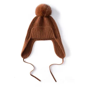 Gorro de cachemira pura con orejeras y pompón, gorro de invierno con cordones para atar