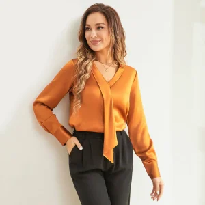 V BLUSIÓN DE SEDIA DEL CULA Y CIBBON para mujeres Camisa de seda de mangas largas