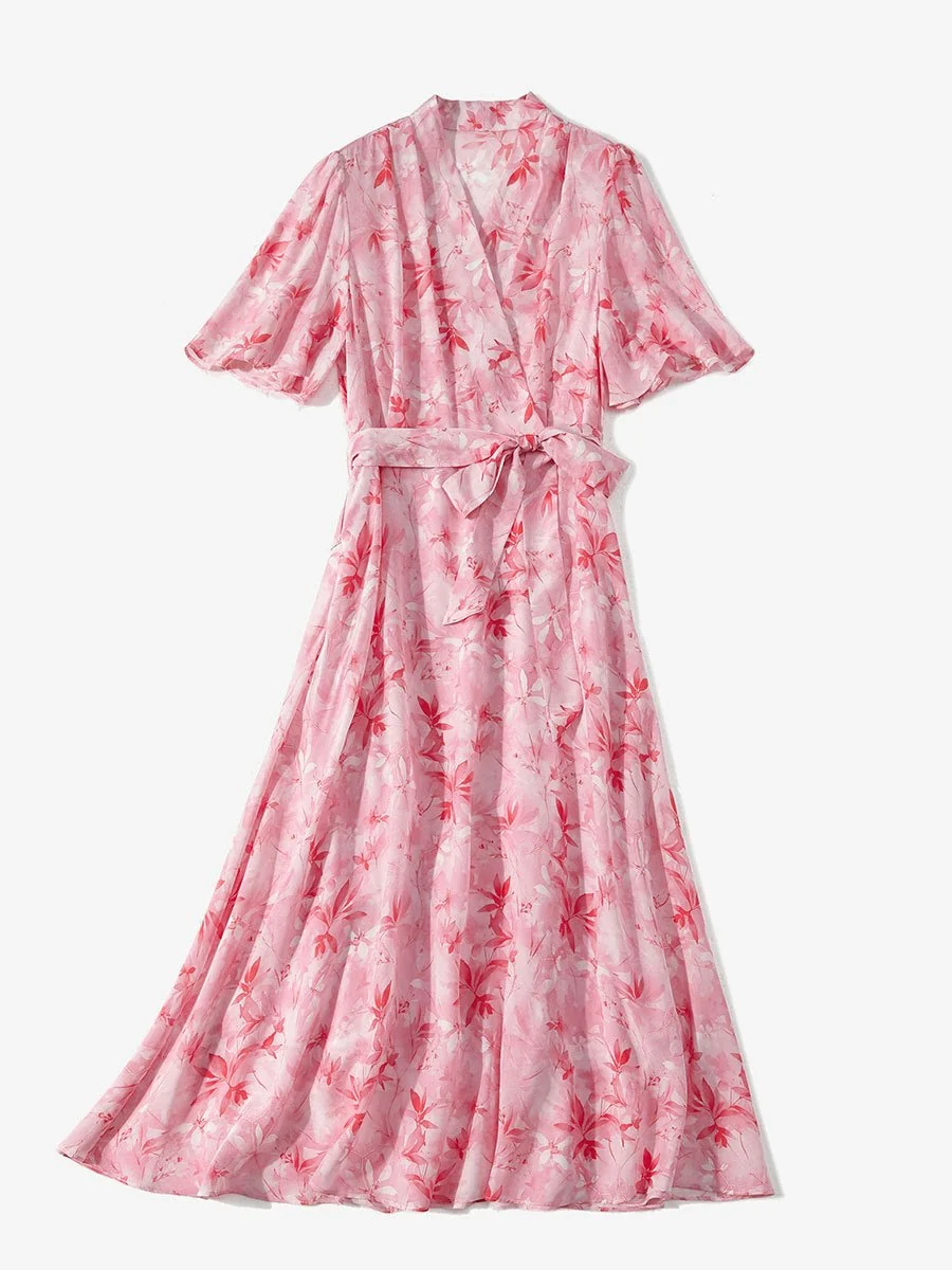 Vestido midi de seda con cuello en V y lazo en la cintura Vestido cruzado de seda floral para mujer - Imagen 6