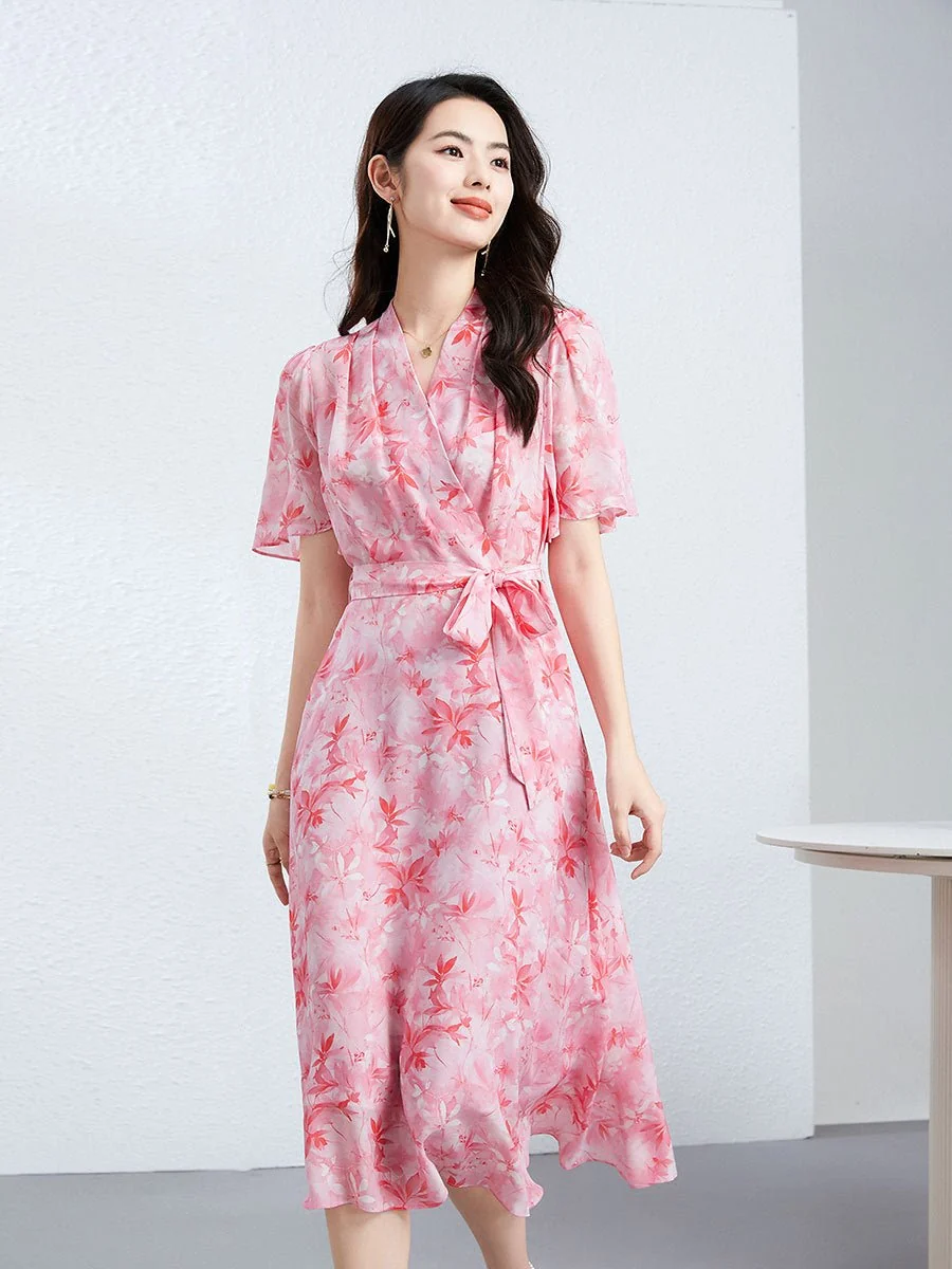 Vestido midi de seda con cuello en V y lazo en la cintura Vestido cruzado de seda floral para mujer - Imagen 4