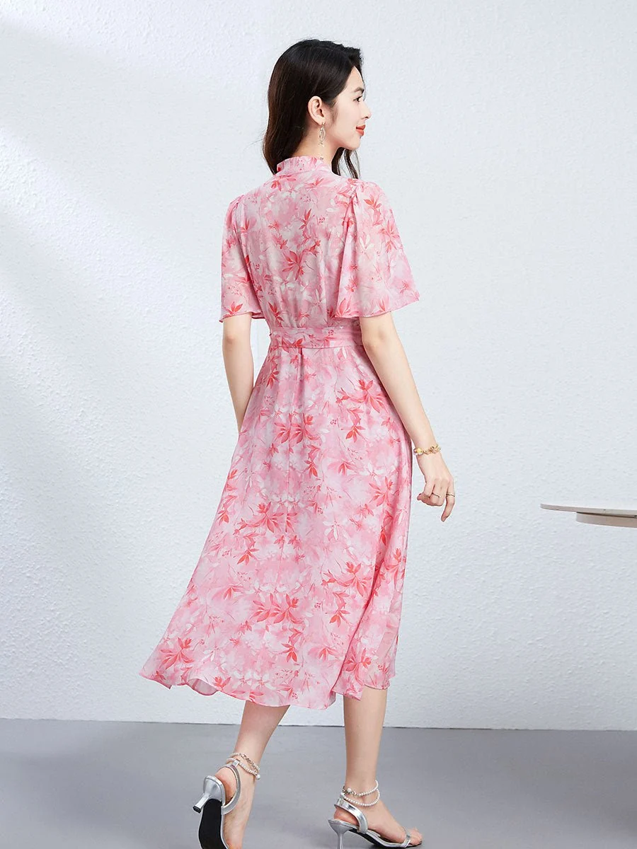 Vestido midi de seda con cuello en V y lazo en la cintura Vestido cruzado de seda floral para mujer - Imagen 5