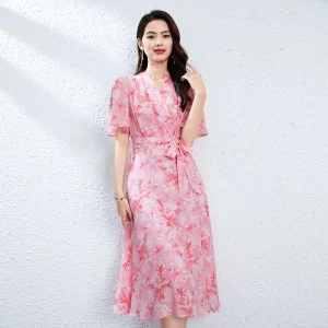 Vestido midi de seda con cuello en V y lazo en la cintura Vestido cruzado de seda floral para mujer