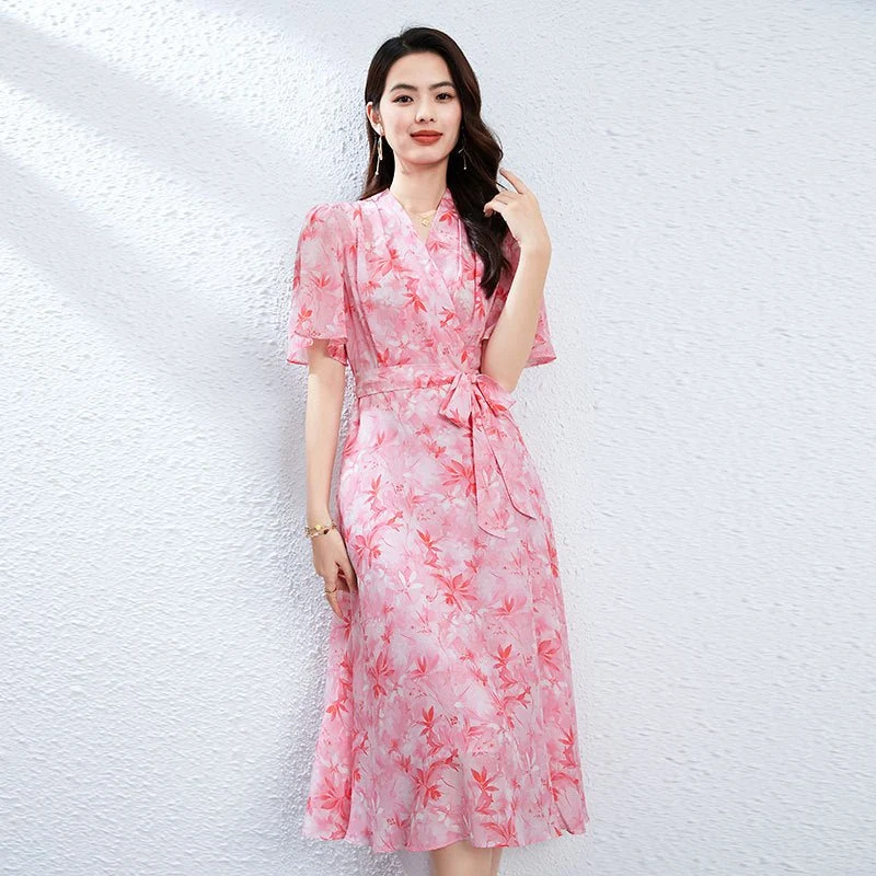Vestido midi de seda con cuello en V y lazo en la cintura Vestido cruzado de seda floral para mujer - Imagen 2