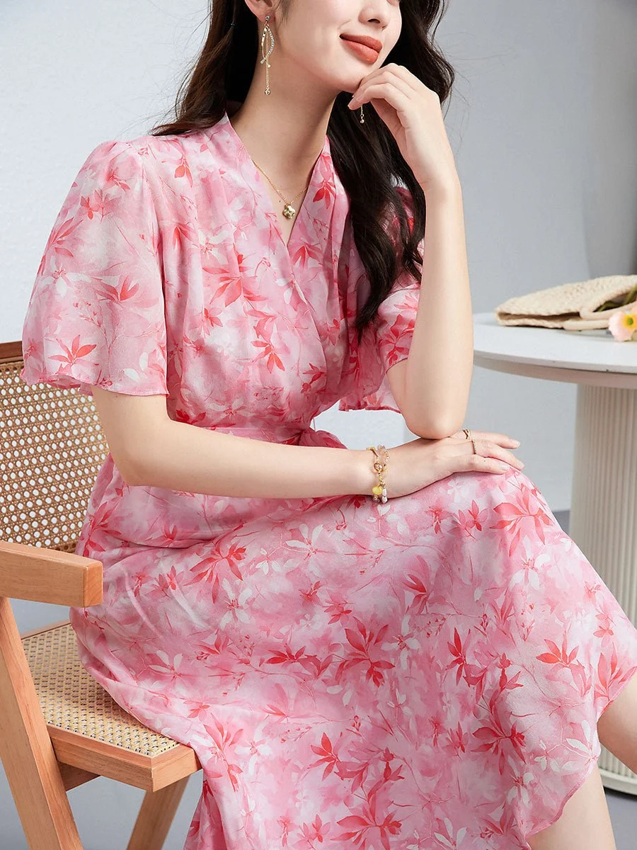 Vestido midi de seda con cuello en V y lazo en la cintura Vestido cruzado de seda floral para mujer - Imagen 3
