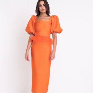 Matilde Cano vestido Adams naranja plumas