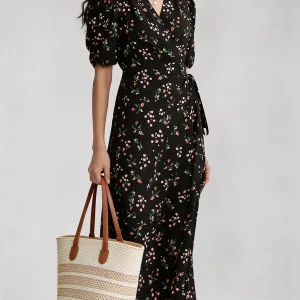 Vestido midi de seda vintage para mujer Vestido floral de seda Vestido cruzado de seda con cuello en V