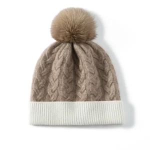 Gorro de punto de ochos de pura cachemira con pompón de piel