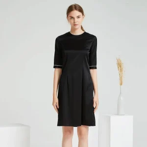 Vestidos de seda de seda negra para mujeres Vestido de seda redonda de cuello