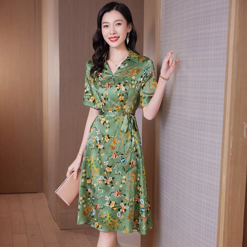 Vestido floral de seda para mujer Mangas cortas Vestidos de seda - Imagen 4