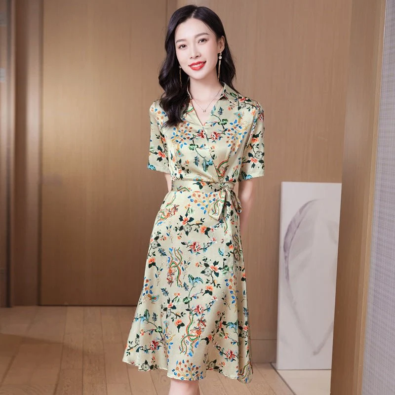 Vestido floral de seda para mujer Mangas cortas Vestidos de seda - Imagen 6