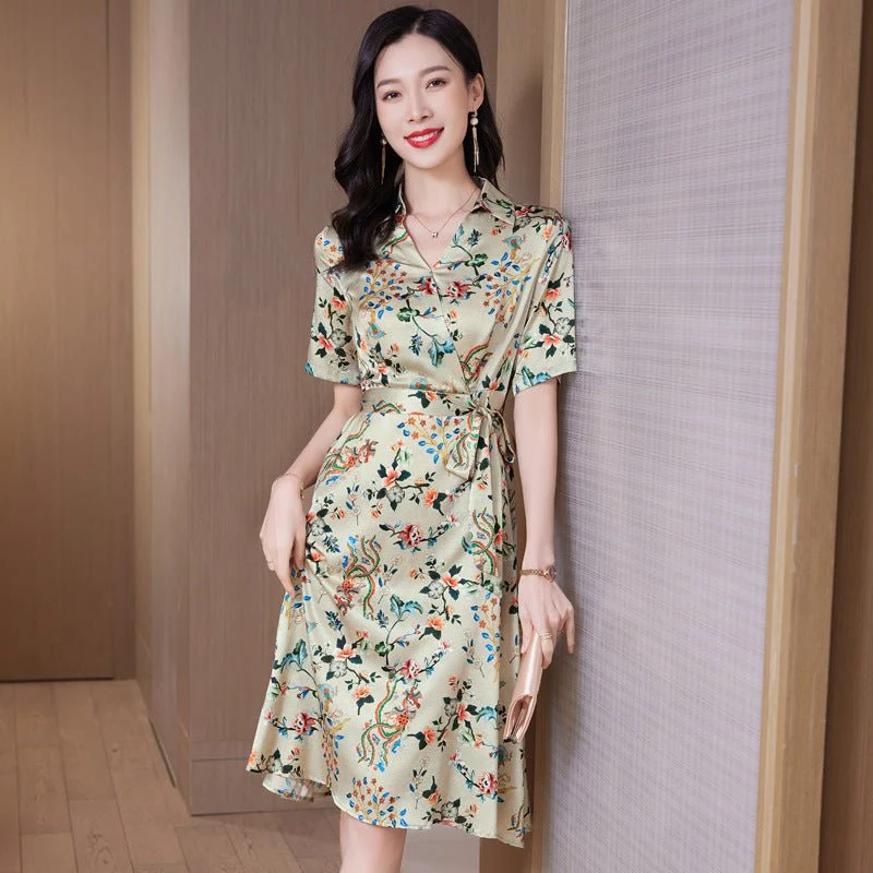 Vestido floral de seda para mujer Mangas cortas Vestidos de seda - Imagen 7
