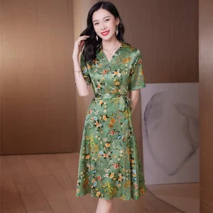 Vestido floral de seda para mujer Mangas cortas Vestidos de seda