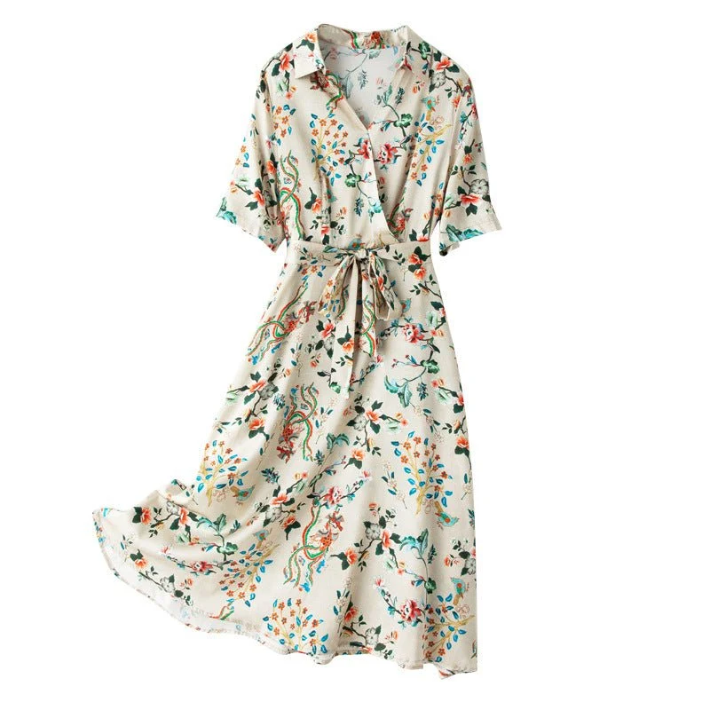 Vestido floral de seda para mujer Mangas cortas Vestidos de seda - Imagen 8