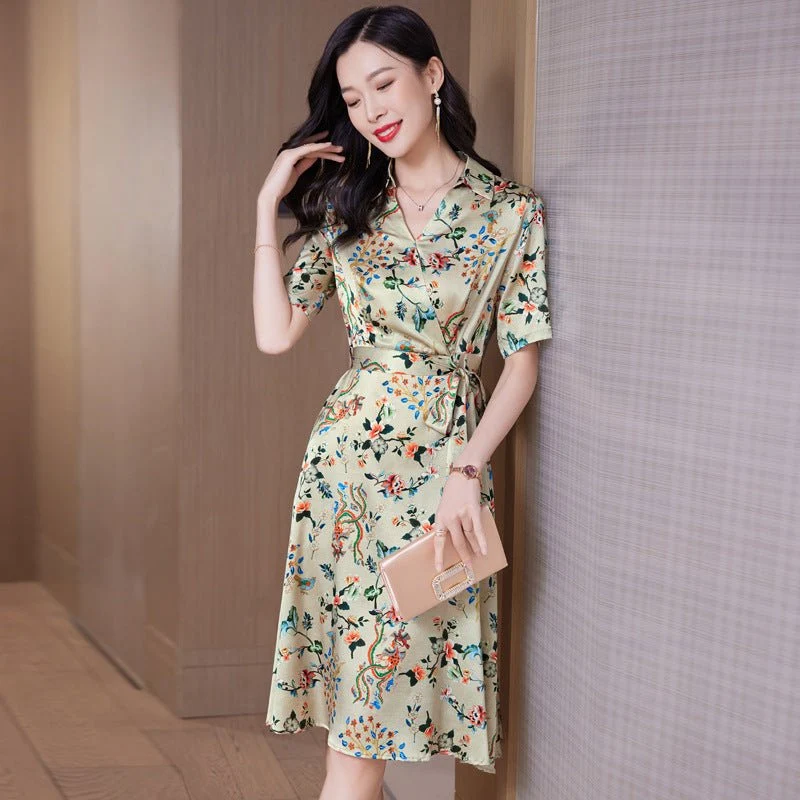 Vestido floral de seda para mujer Mangas cortas Vestidos de seda - Imagen 5