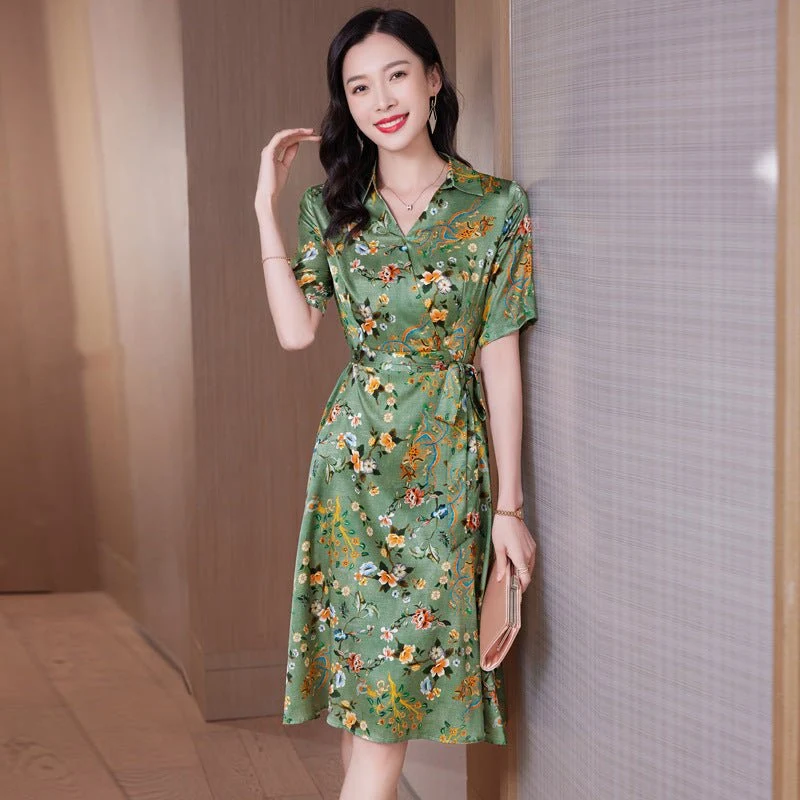 Vestido floral de seda para mujer Mangas cortas Vestidos de seda - Imagen 3