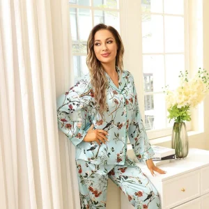 Conjunto de pijama de seda largo con estampado de flores para mujer