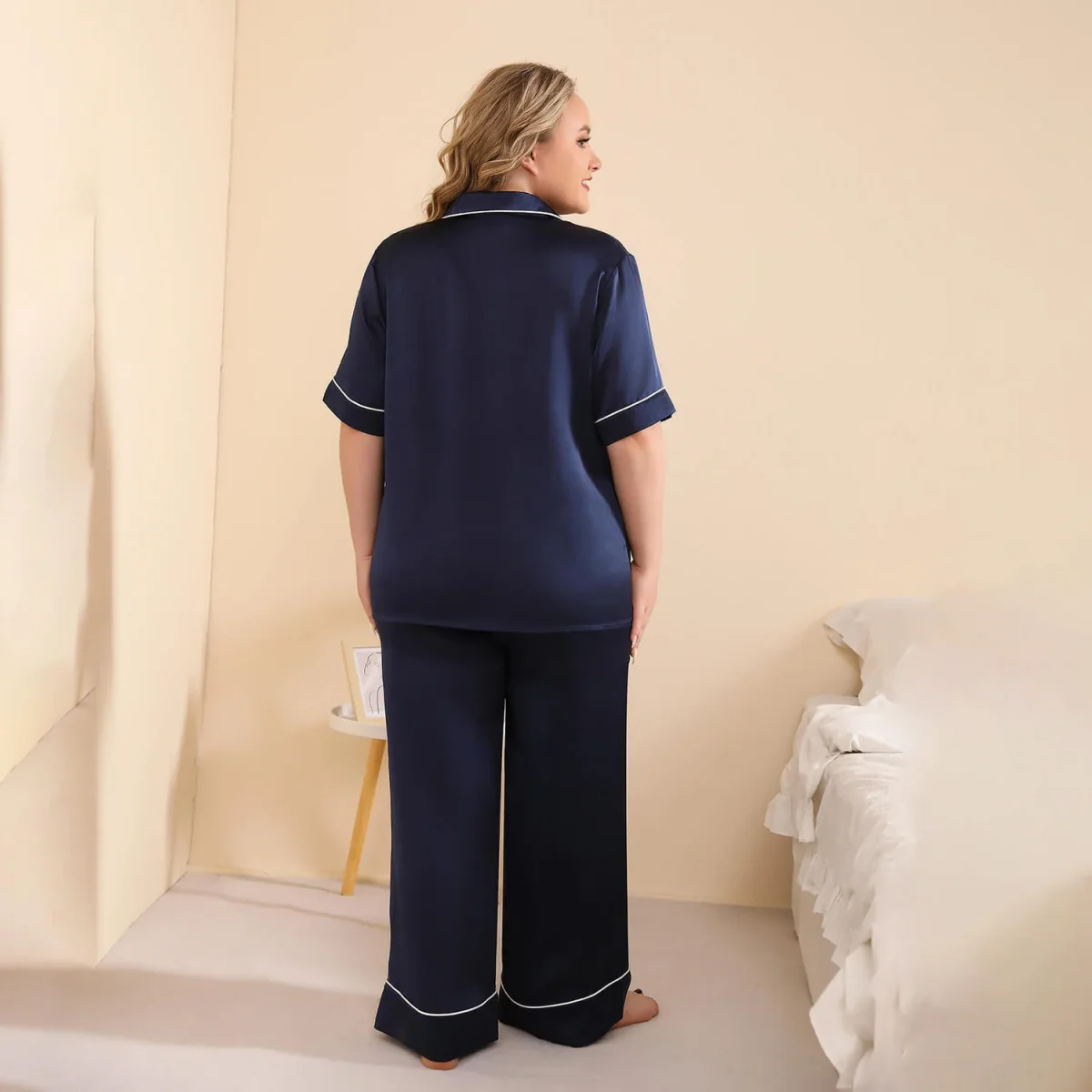 Conjunto de pijama de seda de talla grande para mujer Pijamas de seda 100% lavables - Imagen 9