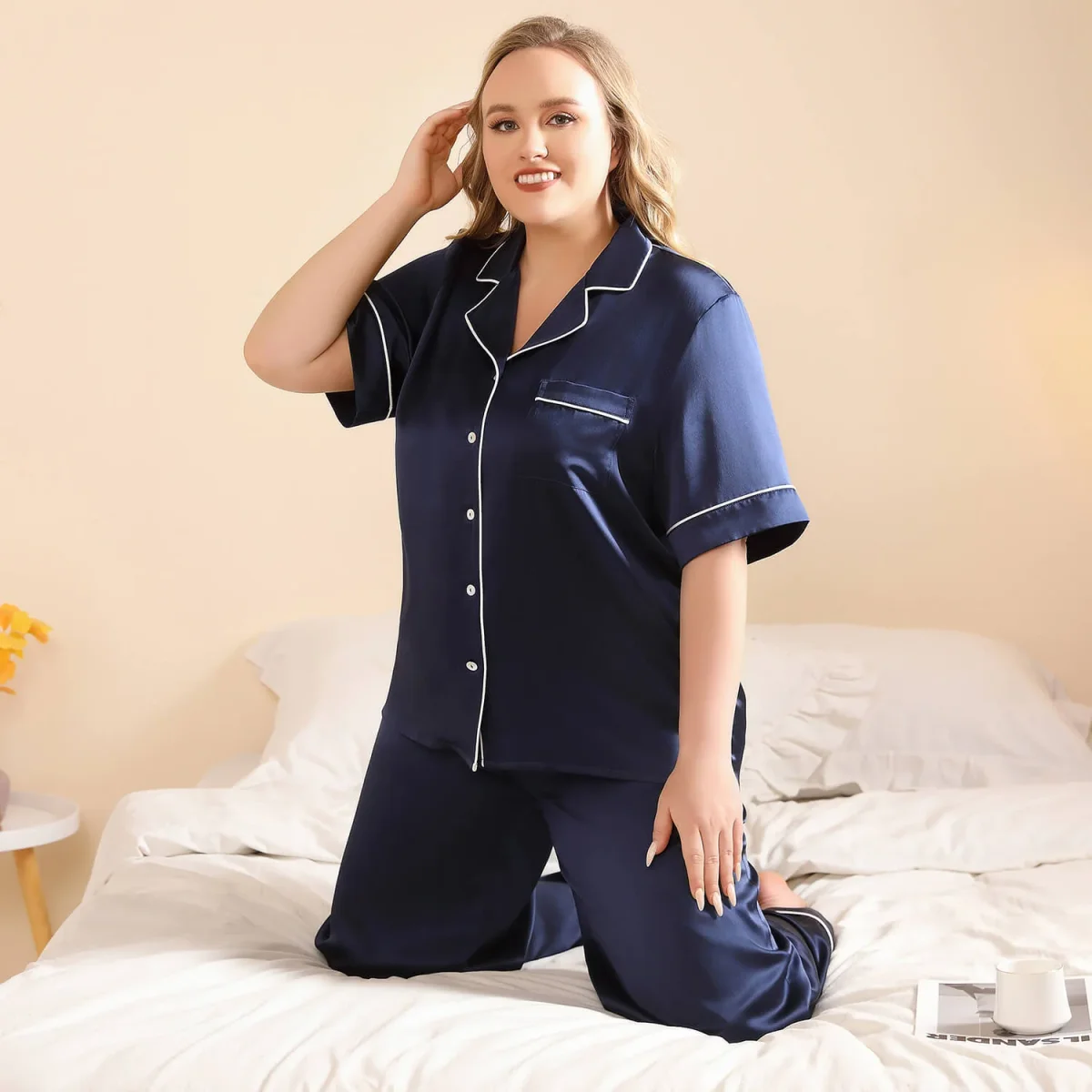 Conjunto de pijama de seda de talla grande para mujer Pijamas de seda 100% lavables - Imagen 6