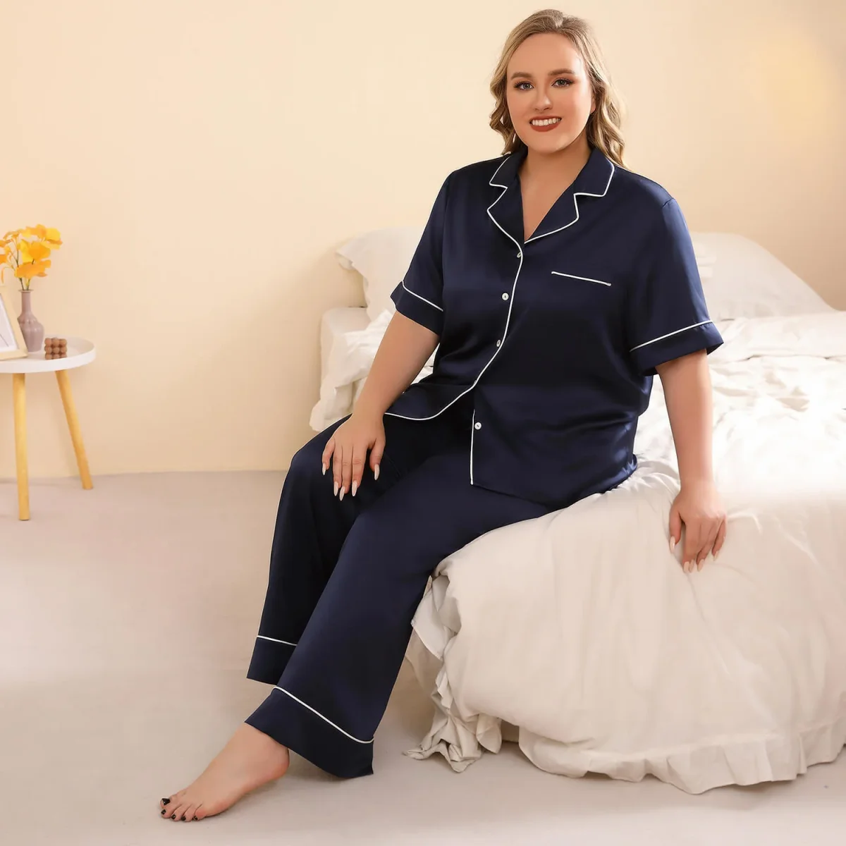 Conjunto de pijama de seda de talla grande para mujer Pijamas de seda 100% lavables - Imagen 5