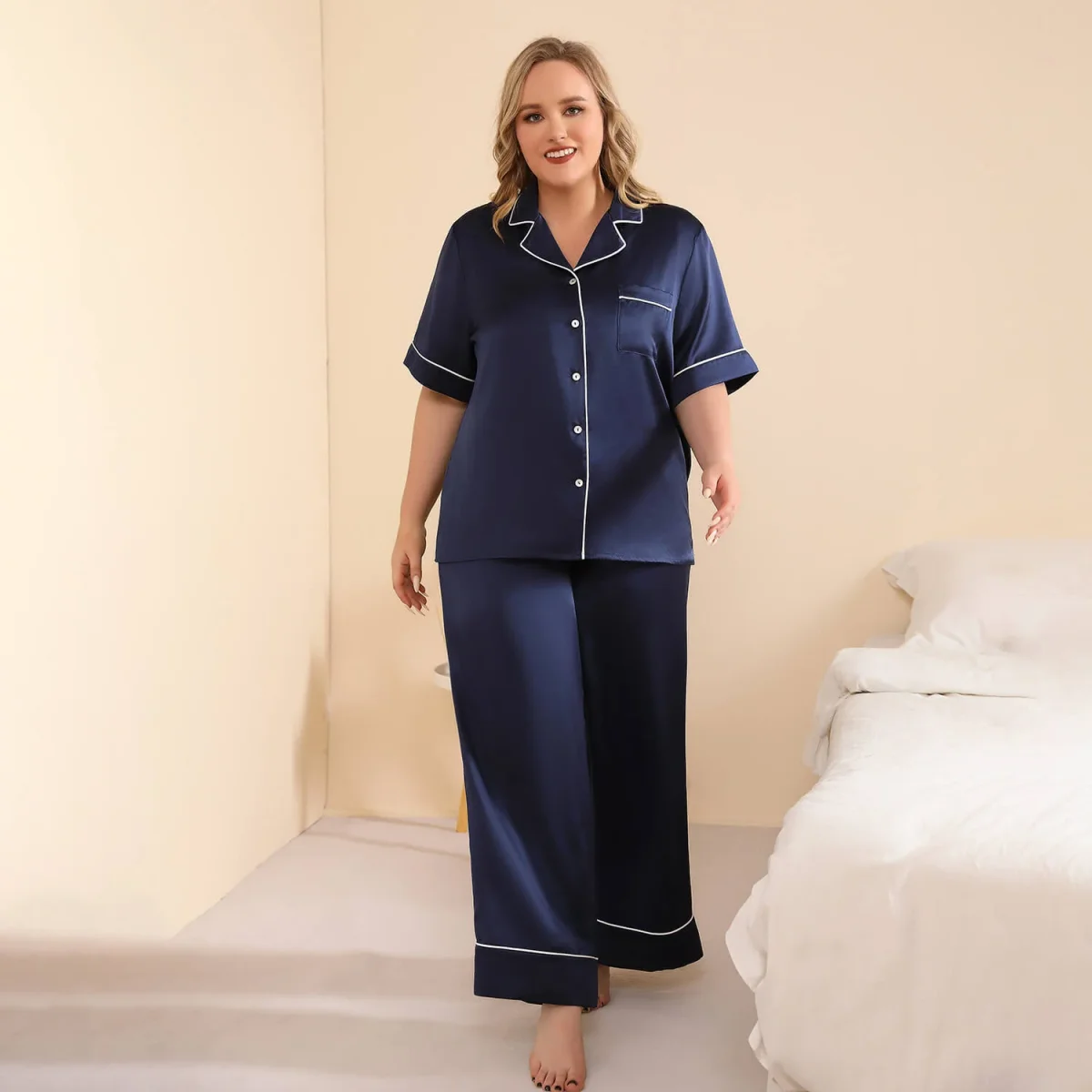 Conjunto de pijama de seda de talla grande para mujer Pijamas de seda 100% lavables - Imagen 8