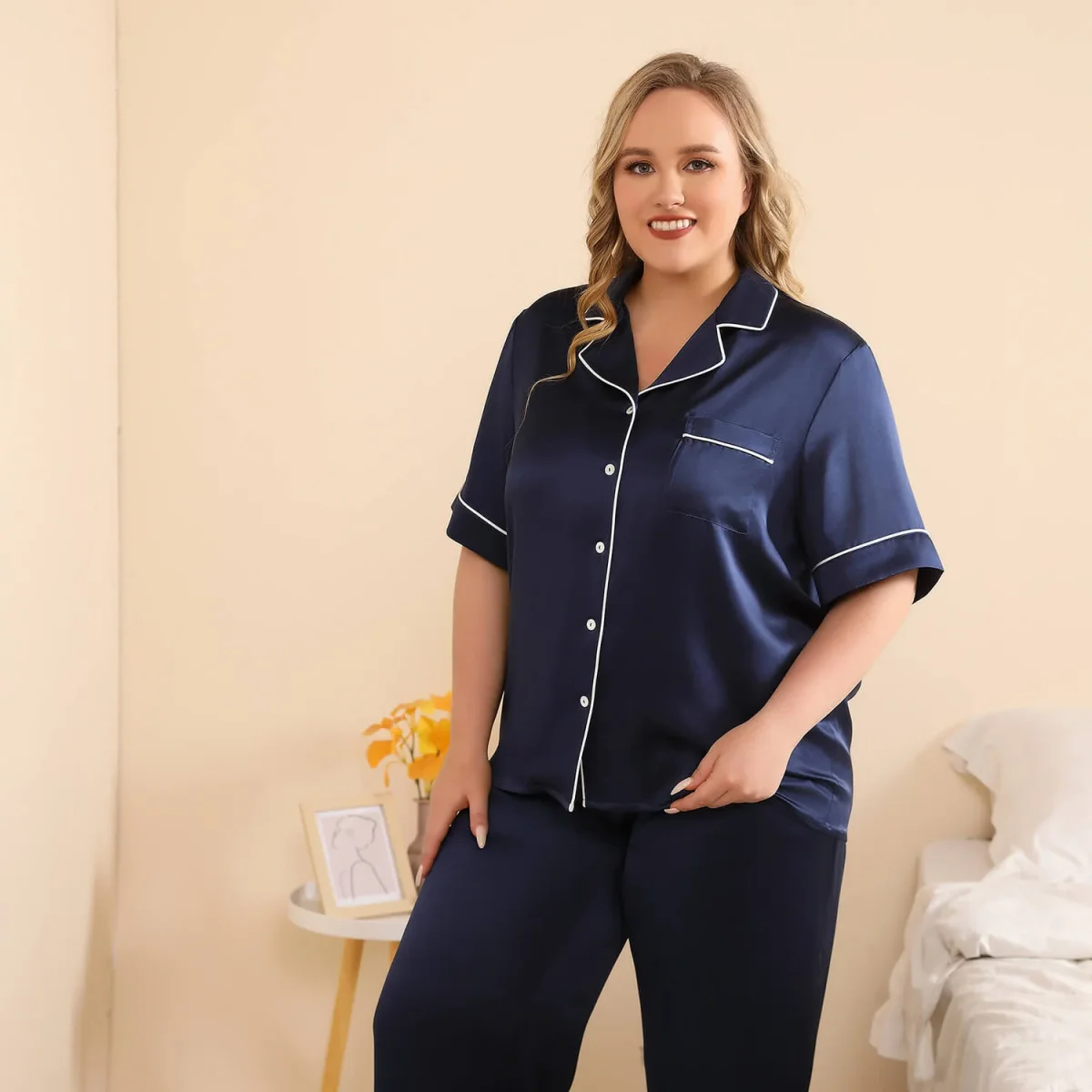 Conjunto de pijama de seda de talla grande para mujer Pijamas de seda 100% lavables - Imagen 3