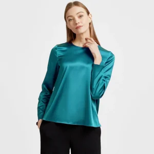 Mujer pulverización de manga larga pura blusa de seda de morera