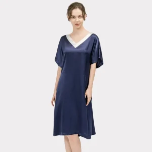 Camisón de seda con cuello en V para mujer con ribete en contraste