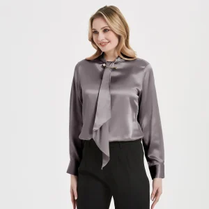 Blusa de seda con cuello anudado Blusa de seda para mujer de manga larga