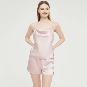Conjunto de pijama de seda con camisola de seda con cuello vuelto para mujer
