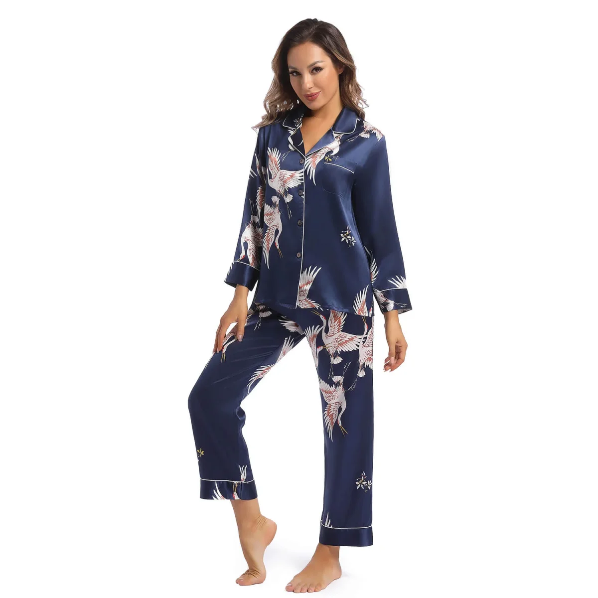 Conjunto de pijamas de seda para mujer Ropa de dormir de seda para mujer con estampado de grullas - Imagen 9
