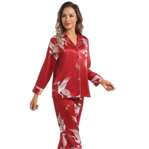 Conjunto de pijamas de seda para mujer Ropa de dormir de seda para mujer con estampado de grullas