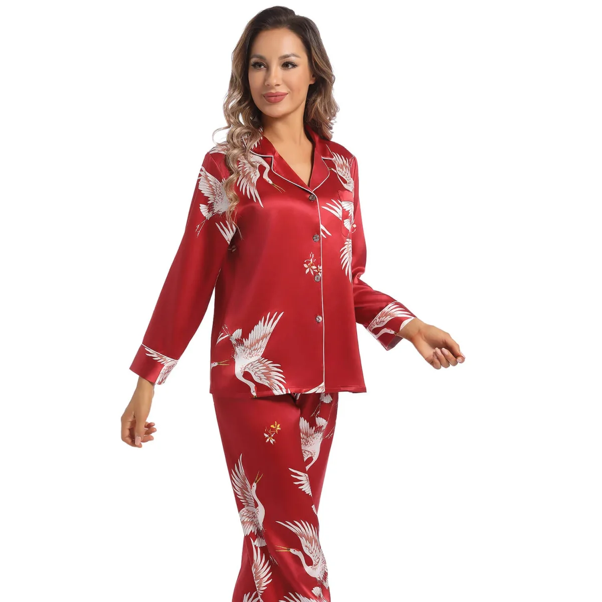 Conjunto de pijamas de seda para mujer Ropa de dormir de seda para mujer con estampado de grullas - Imagen 2