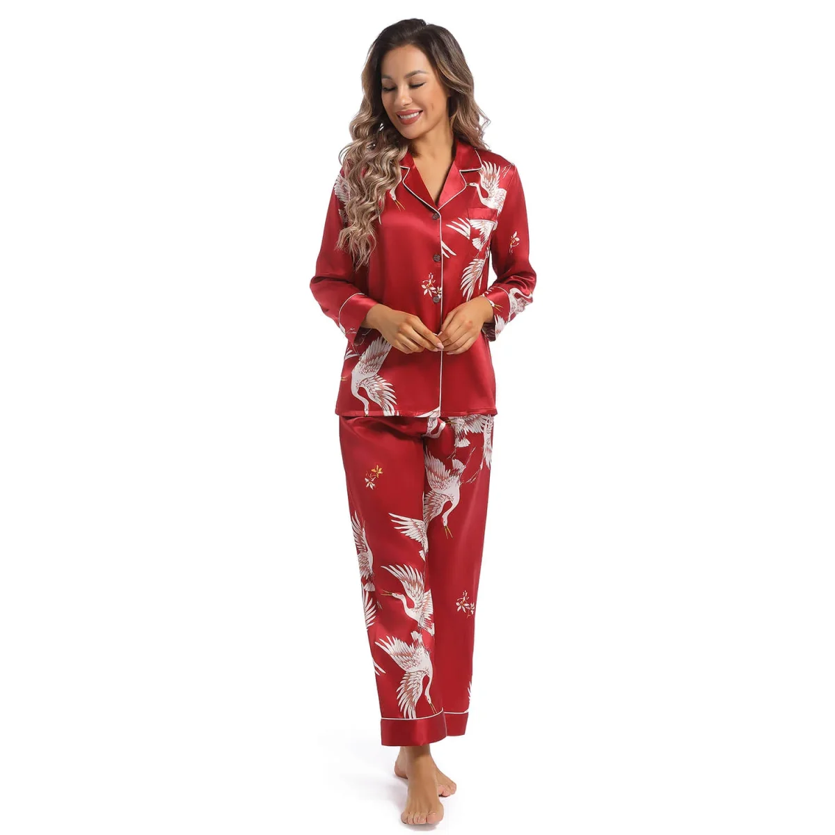 Conjunto de pijamas de seda para mujer Ropa de dormir de seda para mujer con estampado de grullas - Imagen 5