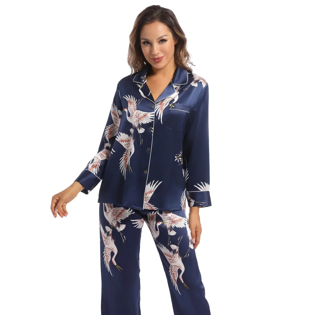 Conjunto de pijamas de seda para mujer Ropa de dormir de seda para mujer con estampado de grullas - Imagen 8