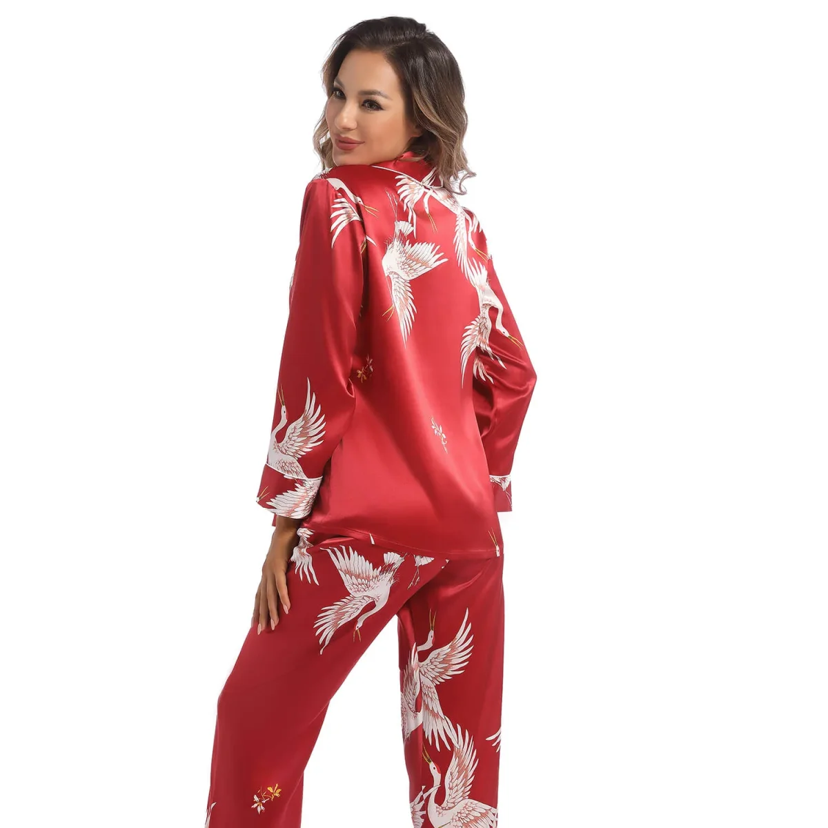 Conjunto de pijamas de seda para mujer Ropa de dormir de seda para mujer con estampado de grullas - Imagen 3