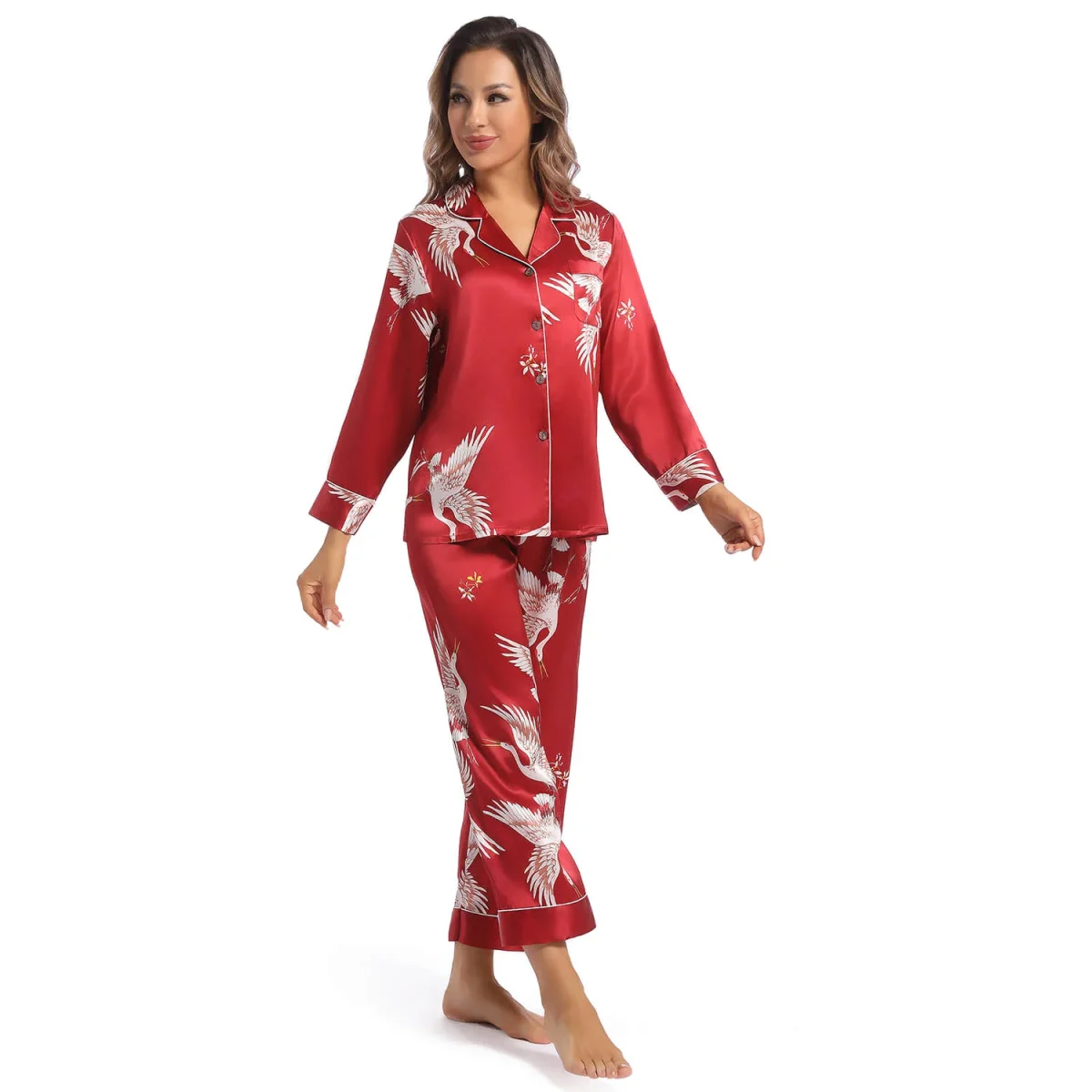 Conjunto de pijamas de seda para mujer Ropa de dormir de seda para mujer con estampado de grullas - Imagen 6