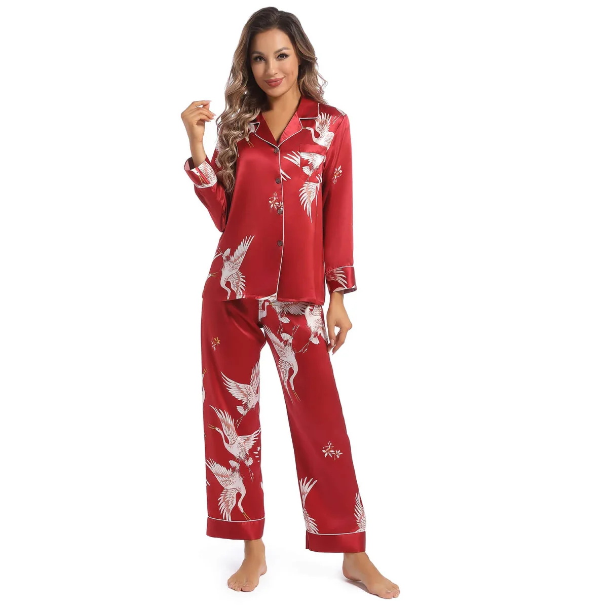 Conjunto de pijamas de seda para mujer Ropa de dormir de seda para mujer con estampado de grullas - Imagen 4