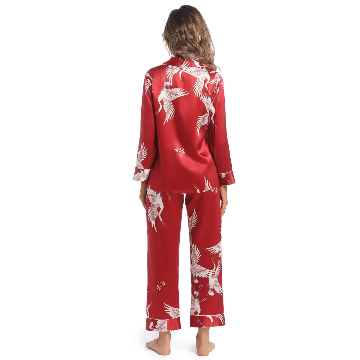 Conjunto de pijamas de seda para mujer Ropa de dormir de seda para mujer con estampado de grullas - Imagen 7